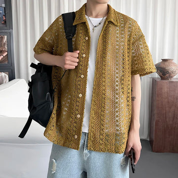 AIDASE  -  Niche Fashion Men's Shirts Floral Texture Hollow Out Design Short Sleeve Solid Color Lapel Single Breasted Shirt 21E6625 aidase-shop